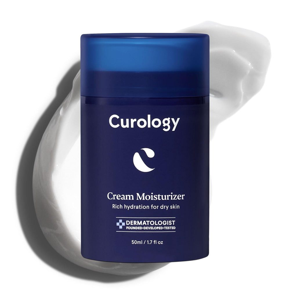 Curology rich moisturizer bottle showing daily dry skin relief and smooth feel