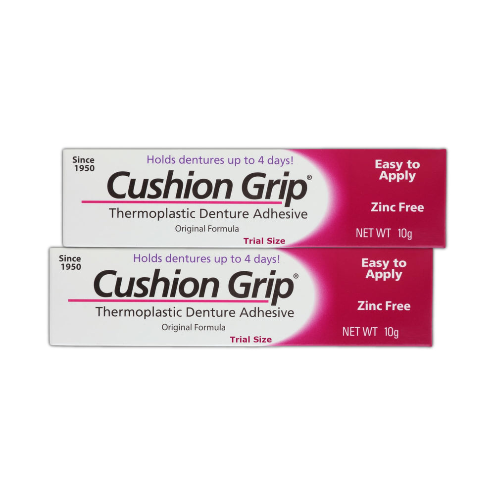 Cushion Grip travel-size denture adhesive pack-2 offers convenient hold on the go.