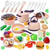 Cute Stone 51-piece play kitchen pots and pans for imaginative pretend cooking.