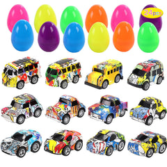 Cute Stone 12-pack Easter eggs with alloy pull-back cars for kids' treasure hunt