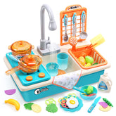 Cute Stone play kitchen sink toy with faucet for realistic water flow.