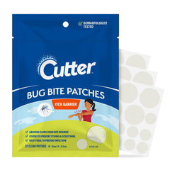Cutter Bug Bite Patches pack front showing vegan, fragrance-free design for sensitive skin.