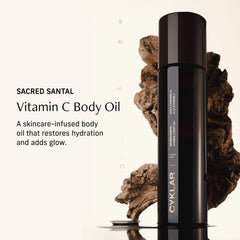 CYKLAR Vitamin C Body Oil pump showing quick, non-greasy absorption.