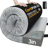 CYMULA memory-foam camping mattress rolled for easy transport and storage.