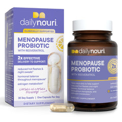 Daily Nouri Menopause Probiotics bottle front showing the clinical blend for balance
