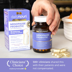 Daily Nouri Menopause Probiotics capsules closeup highlighting capsule-in-capsule delivery for gut health