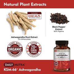 DailyNutra KSM-66 label detail emphasizing organic root extract and 5 percent withanolides