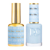 Daisy DND DC gel polish Milky Blue 031 close-up with salon-like finish at home.