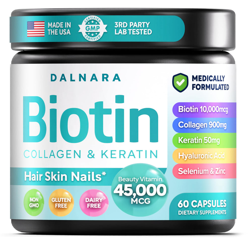 Dalnara Biotin Collagen Keratin bottle showing premium beauty blend for hair and nails.