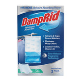 DampRid Pure Linen hanging bag in packaging showing a three-pack convenience and long-lasting freshness.