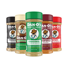 Dan-O's 5-bottle set on the kitchen counter ready to flavor meals.