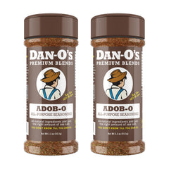 Dan-O's Adob-O seasoning bottle front, ideal for marinating and flavoring meats