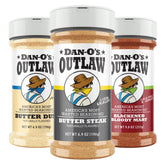 Dan-O's Outlaw Butter Dust bottle showcases rich, buttery flavor perfect for popcorn and veggies.