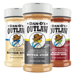 Dan-O's Outlaw Butter Dust bottle showcases rich, buttery flavor perfect for popcorn and veggies.