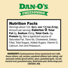 Dan-O's Cheesoning Seasoning bottle back label notes ingredients and sugar-free, zero-calorie claim.