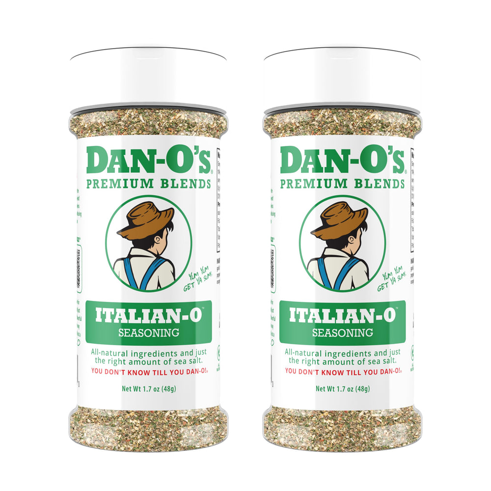 Dan-O's Italian-O seasoning bottle front showing bold flavor for pasta and pizza.