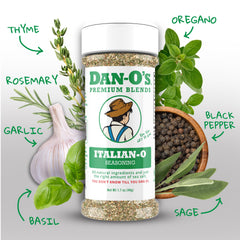 Pasta dish with dusted Italian-O seasoning enhancing flavor.