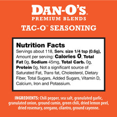 Dan-O's Tac-O Seasoning jar closeup highlights premium chili peppers and spices