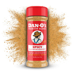 Dan-O's Spicy Seasoning bottle close-up, ideal for wings and grilled chicken.