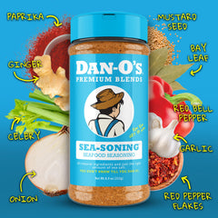 Dan-O's SEA-soning dry spice mix showcased on kitchen counter.