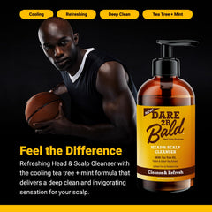 DARE TO BE BALD tea tree oil mint green tea close-up highlighting soothing scalp care