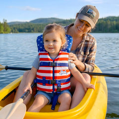 Dark Lightning life jacket grab handle enables easy water transfer.
