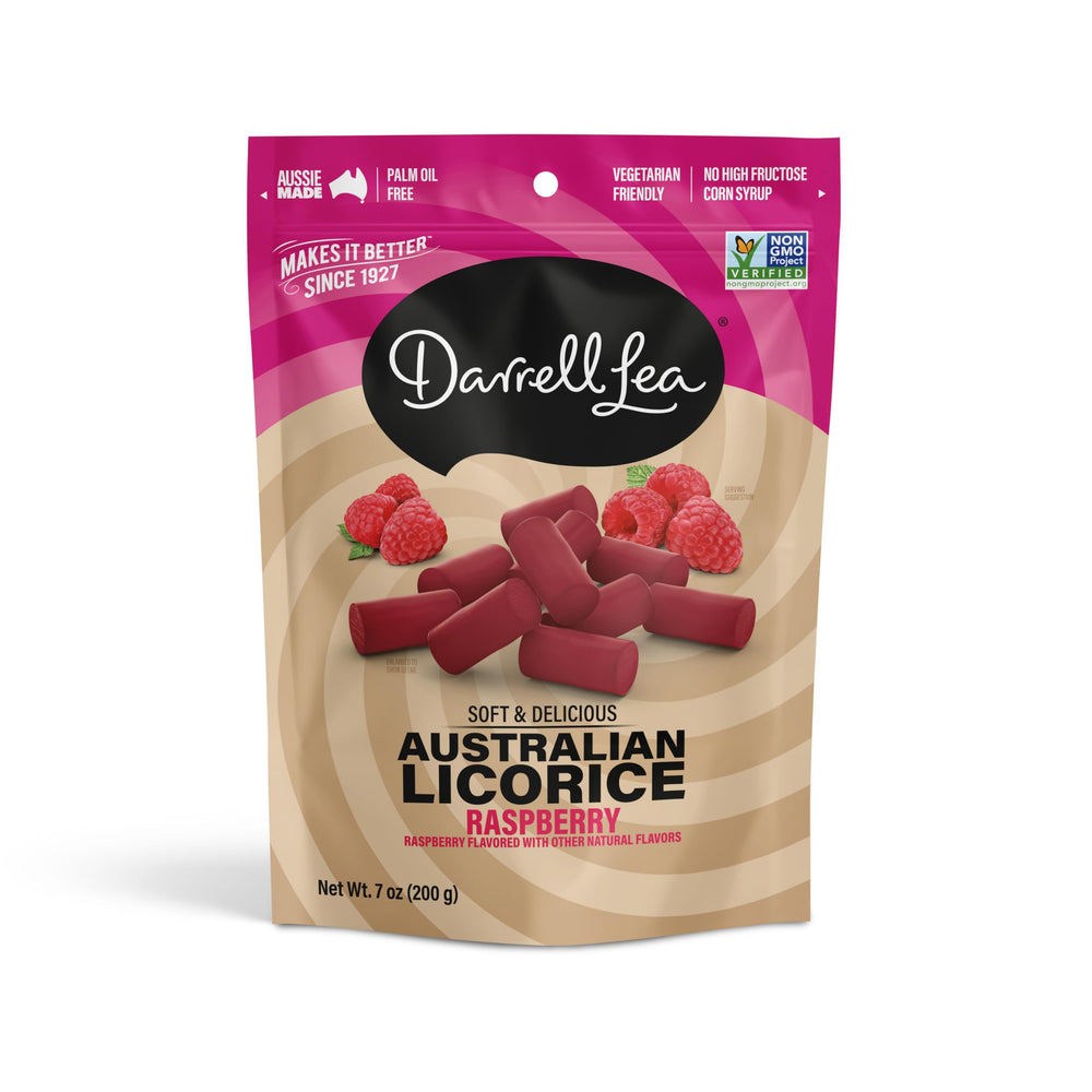 Darrell Lea Raspberry Licorice soft bite, ideal for quick, fruity snacking.