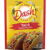 Dash salt-free taco seasoning pack front on counter enhances quick taco night