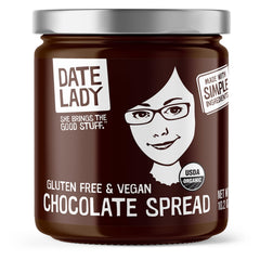 Date Lady Chocolate Date Spread jar shows a smooth texture ideal for dipping and spreading.