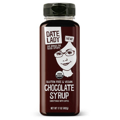 Date Lady Chocolate Syrup bottle closeup, ideal for drizzle on ice cream