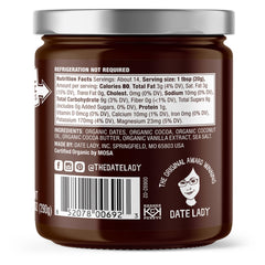 Date Lady dipping fruit scene highlights a vegan, organic spread for healthy snacking.