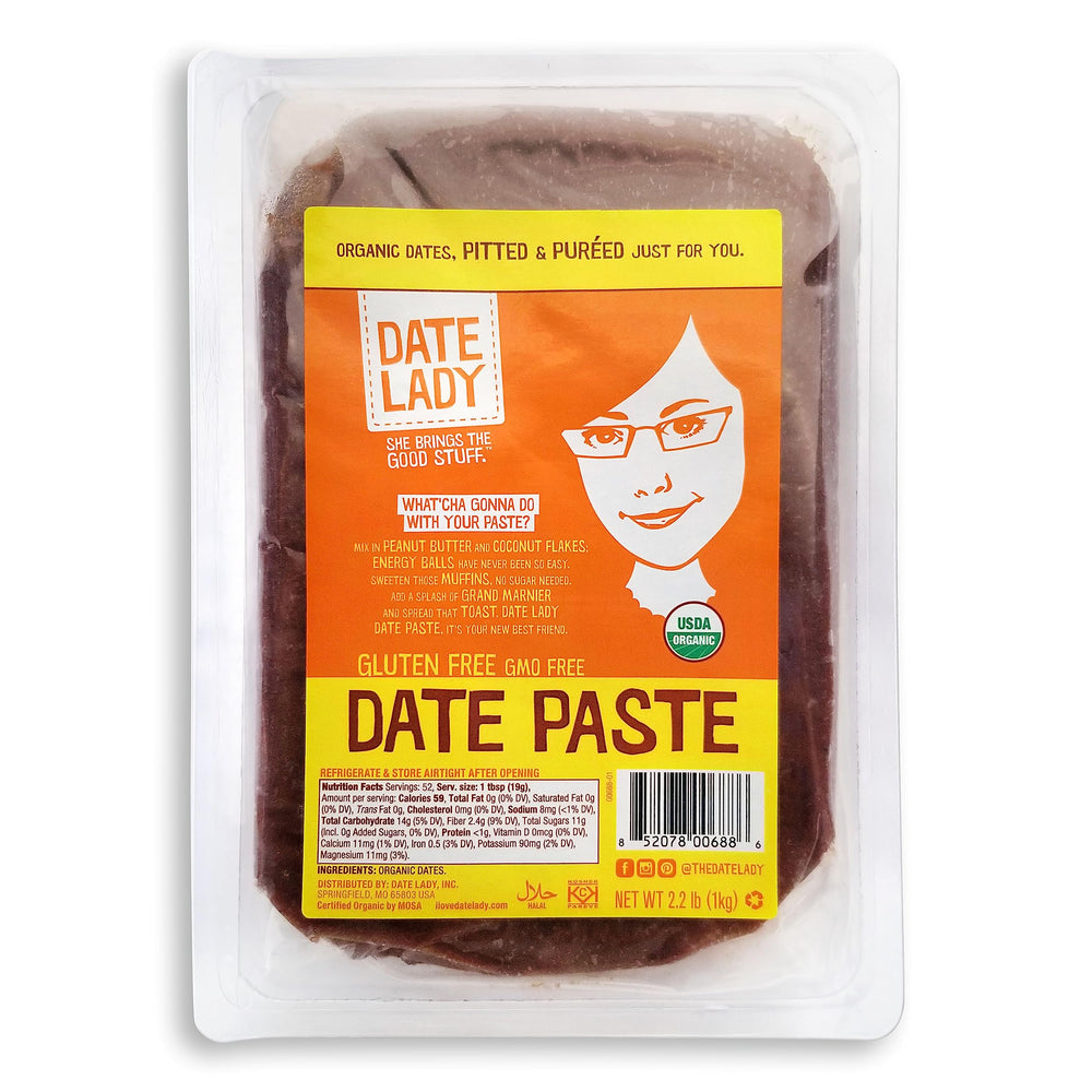 Date Lady organic date paste in a jar shows natural caramel flavor for baking