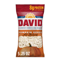 DAVID pumpkin seeds 2.25 oz pack to-go, crunchy and satisfying for on-the-move snacking.