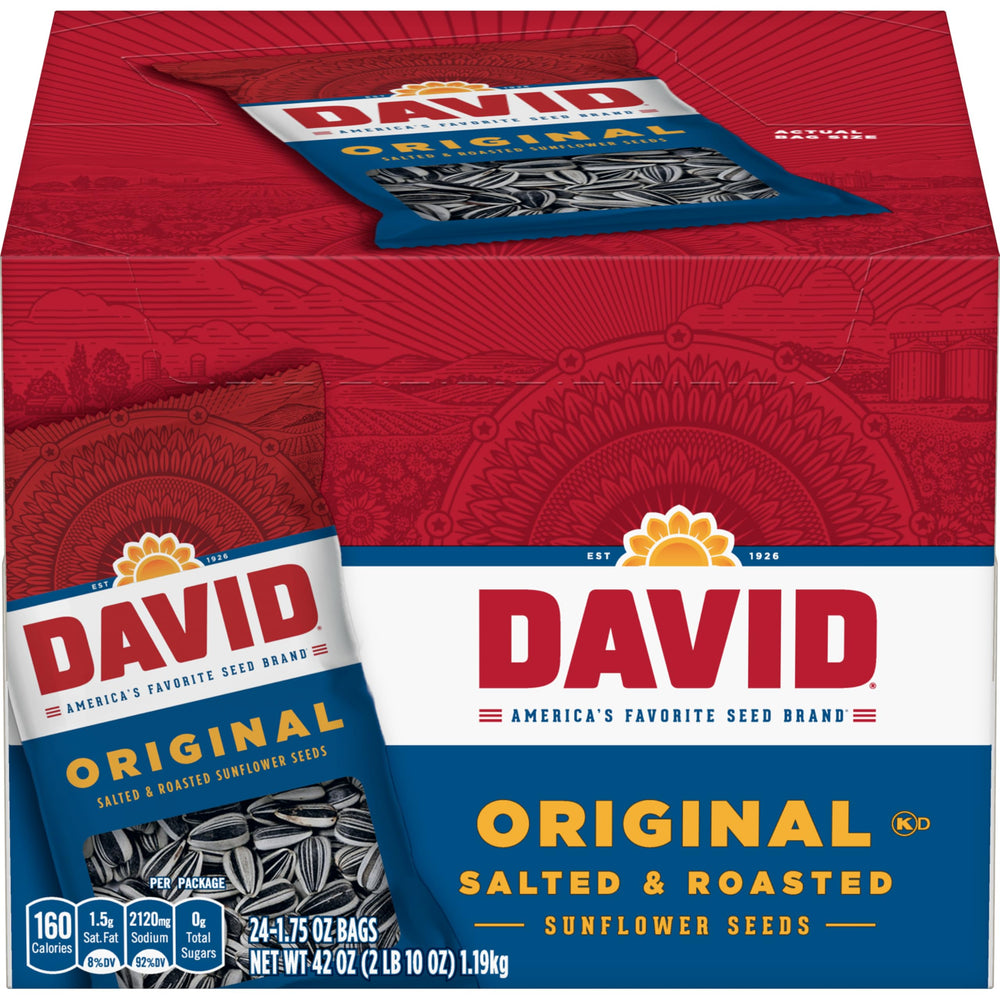 DAVID Sunflower Seeds Original pack front, convenient energy for on-the-go snacking.
