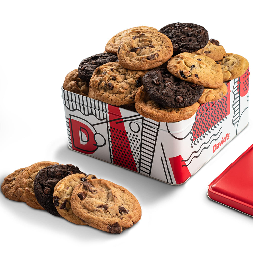 David's Cookies assorted cookies tin showcases premium flavors ideal for gifting.