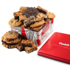 DAVID'S COOKIES gift tin with assorted cookies and brownies, perfect for sharing.