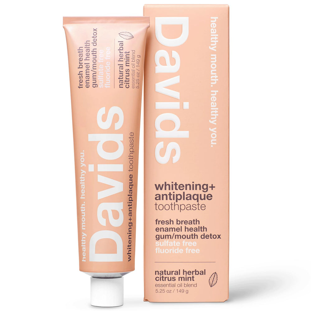 Davids fluoride-free toothpaste tube front with citrus mint aroma for fresh breath