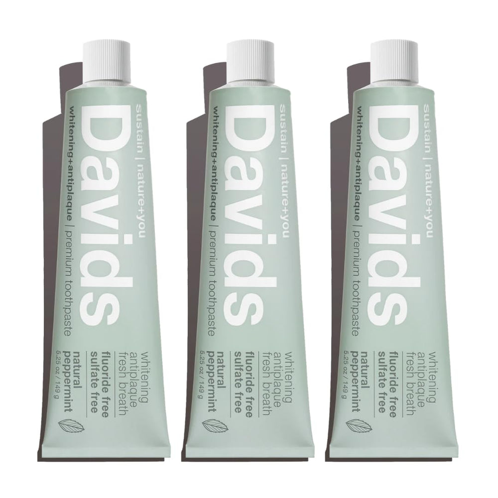 Davids fluoride-free toothpaste tube on counter for daily fresh breath.