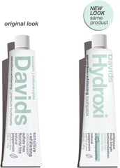 Davids Hydroxi toothpaste texture close-up, highlighting nano hydroxyapatite particles for gentle care.