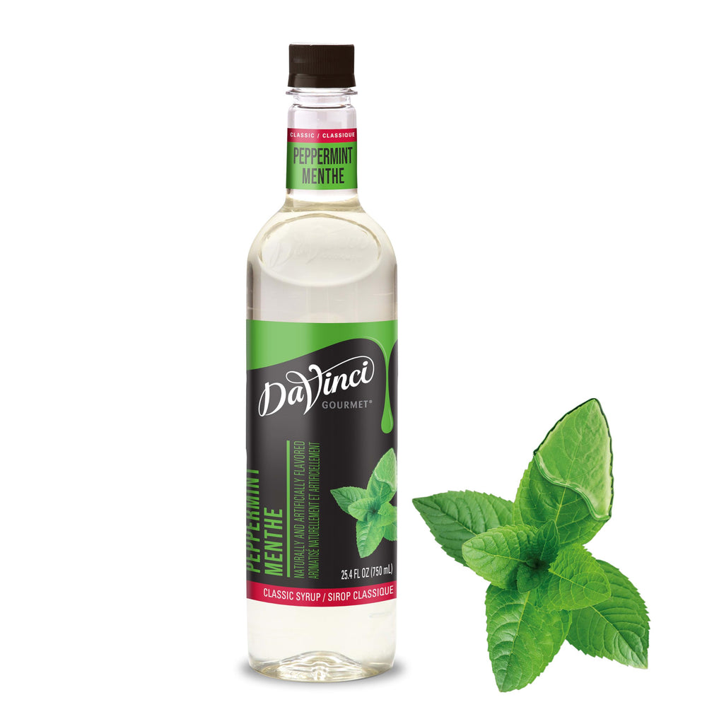 DaVinci Gourmet Classic Peppermint Syrup bottle front showcases refreshing flavor for coffee and desserts.