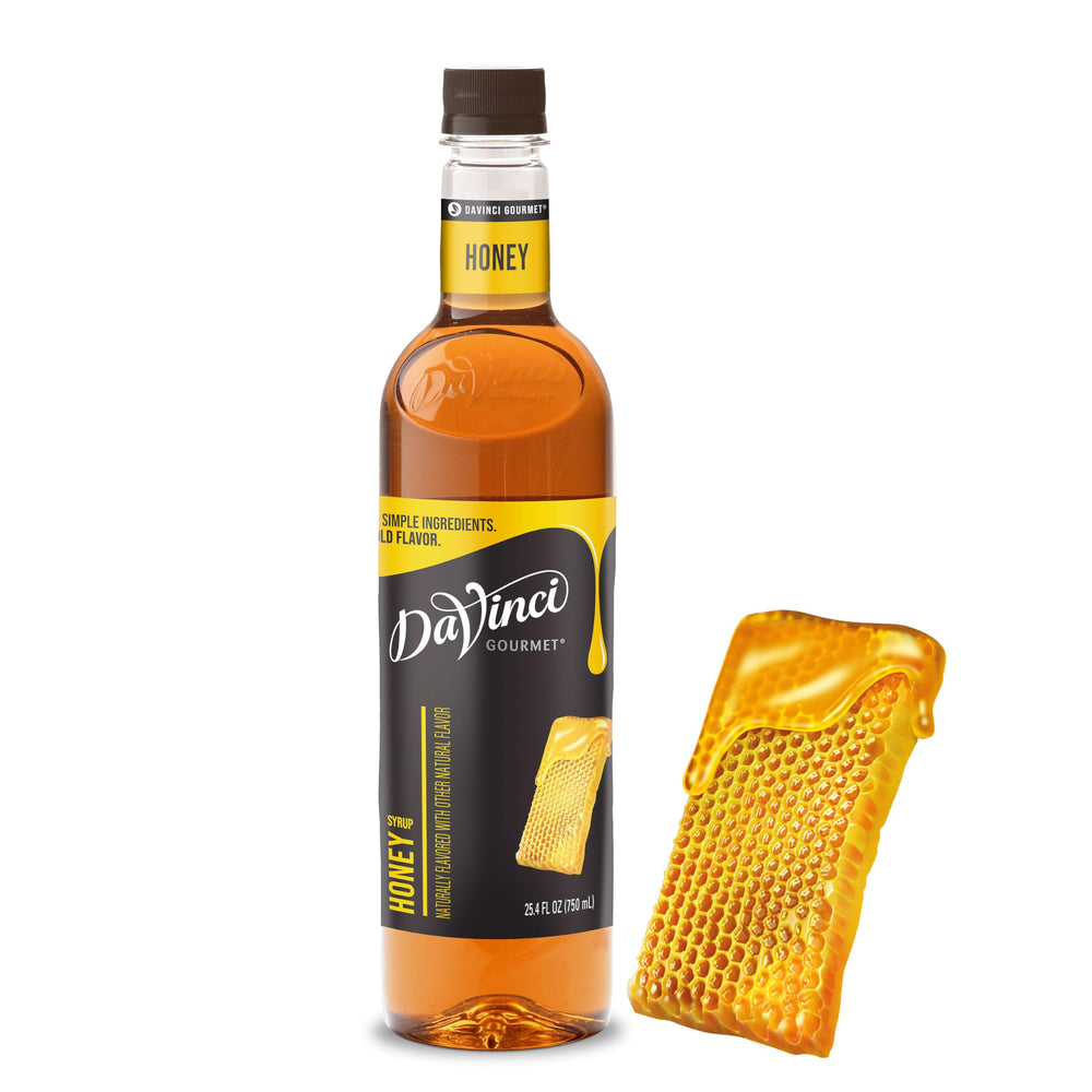 DaVinci Gourmet Honey Syrup bottle-pour showing rich honey sweetness for beverages