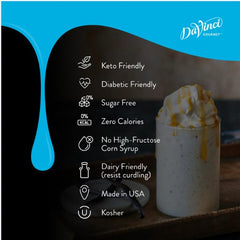 DaVinci Gourmet Sugar-Free Vanilla Syrup pouring over coffee for rich vanilla sweetness