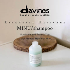 Davines MINU shampoo foamy lather demonstrates gentle cleansing for color-treated hair.