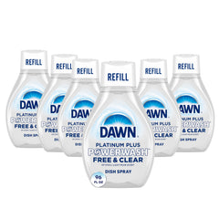 Dawn Free & Clear Powerwash spray bottle shows fast grease-cutting action for kitchen dishes.