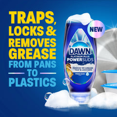 Dawn Platinum Plus PowerSuds foamy lather shows rich suds for grease