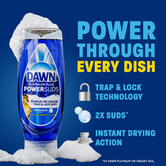 Dawn Platinum Plus PowerSuds bottle pours onto a sponge before washing