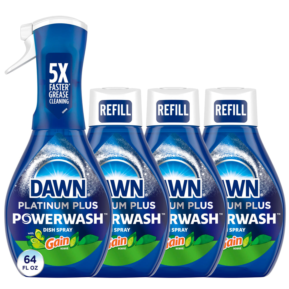 Dawn Powerwash Gain bottle pour shows quick grease removal for a fast kitchen prep.