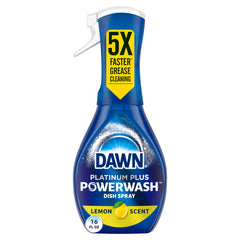 Dawn Powerwash Lemon Dish Spray bottle ready for quick grease cleanup on counters.