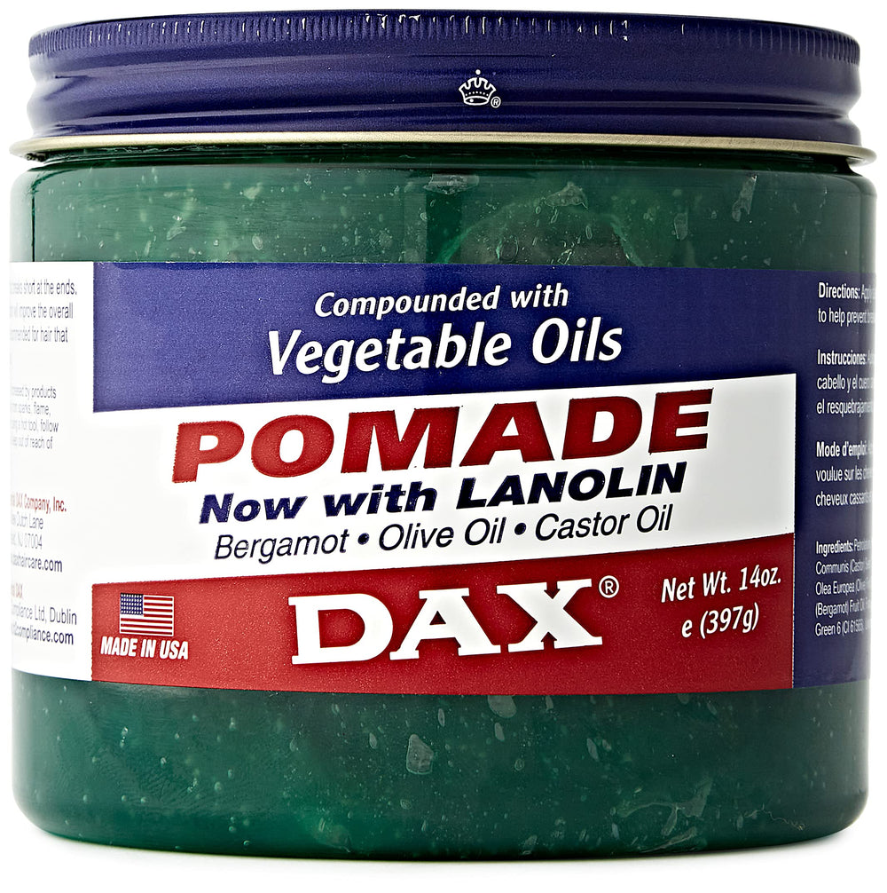 DAX Pomade 14-Ounce jar on counter for moisture retention