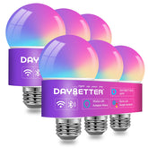 DAYBETTER smart light bulb shows vibrant RGBCW colors for mood lighting.